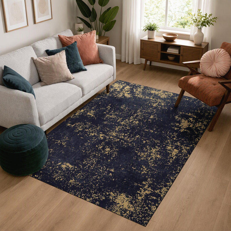 Tapis abstrait moderne de 90 x 150 cm, lavable à la machine, avec envers antidérapant en TPR, résistant aux taches, à poils courts, idéal pour le salon et la chambre, noir et or.