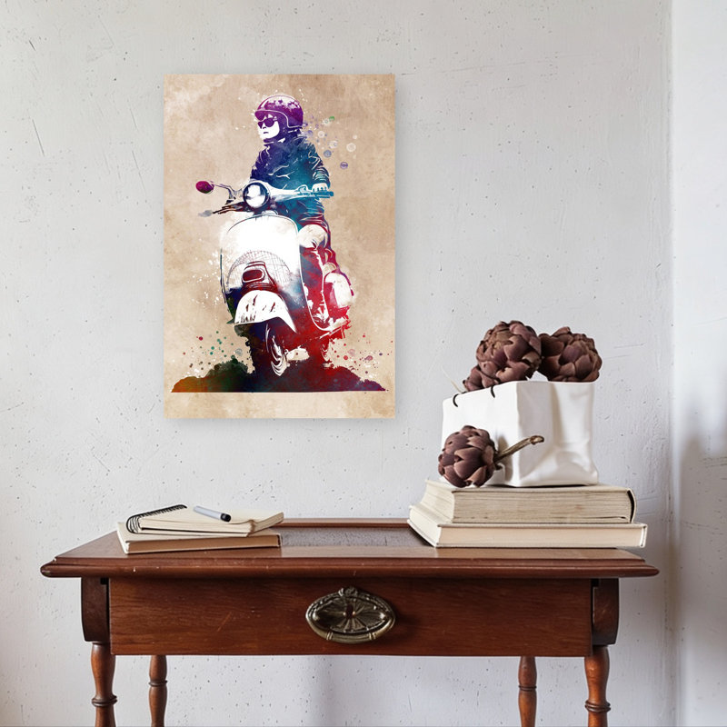 «Cool Kid Scooter Ride», art mural contemporain, 24" H x 16" W