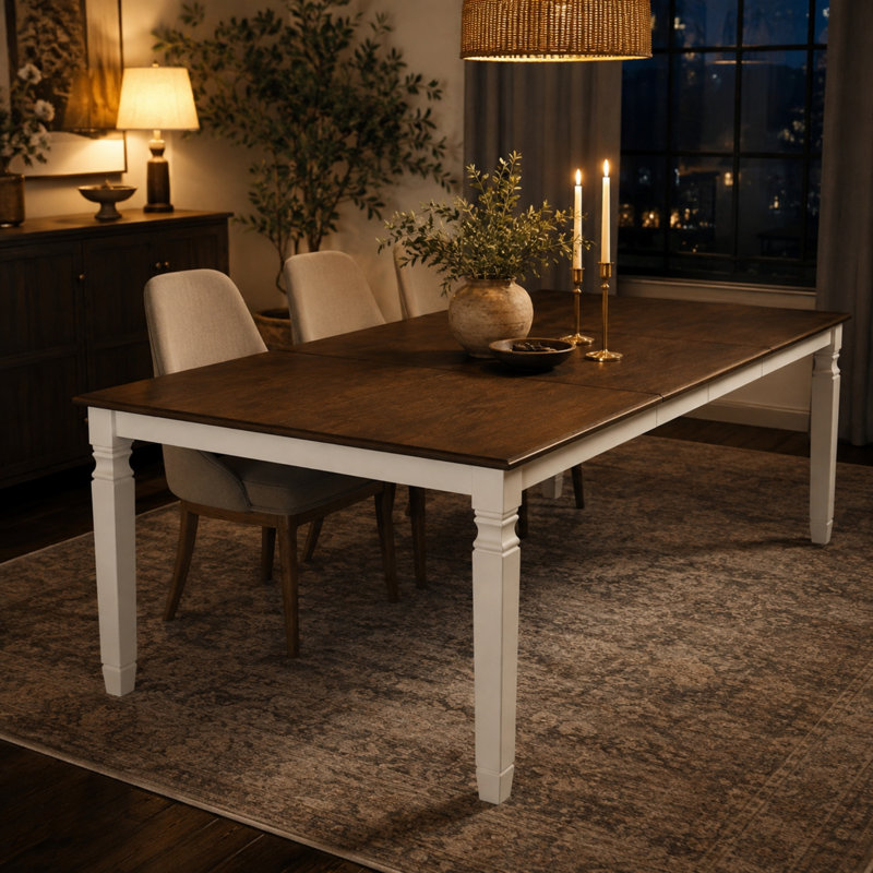 Table de salle à manger extensible Vonnie 59"-77" pour 4 à 6 personnes, table de cuisine rectangulaire en placage de chêne avec pieds en hévéa massif, style ferme moderne