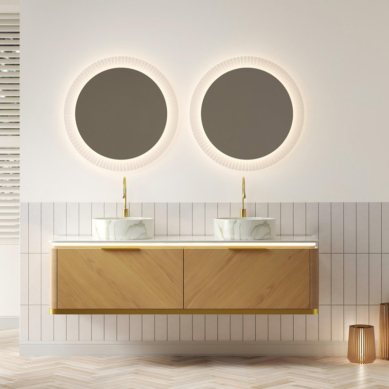Meuble-lavabo double flottant de 60 po avec lavabo vasque rond en marbre Absher, capteur à DEL et comptoir en pierre frittée