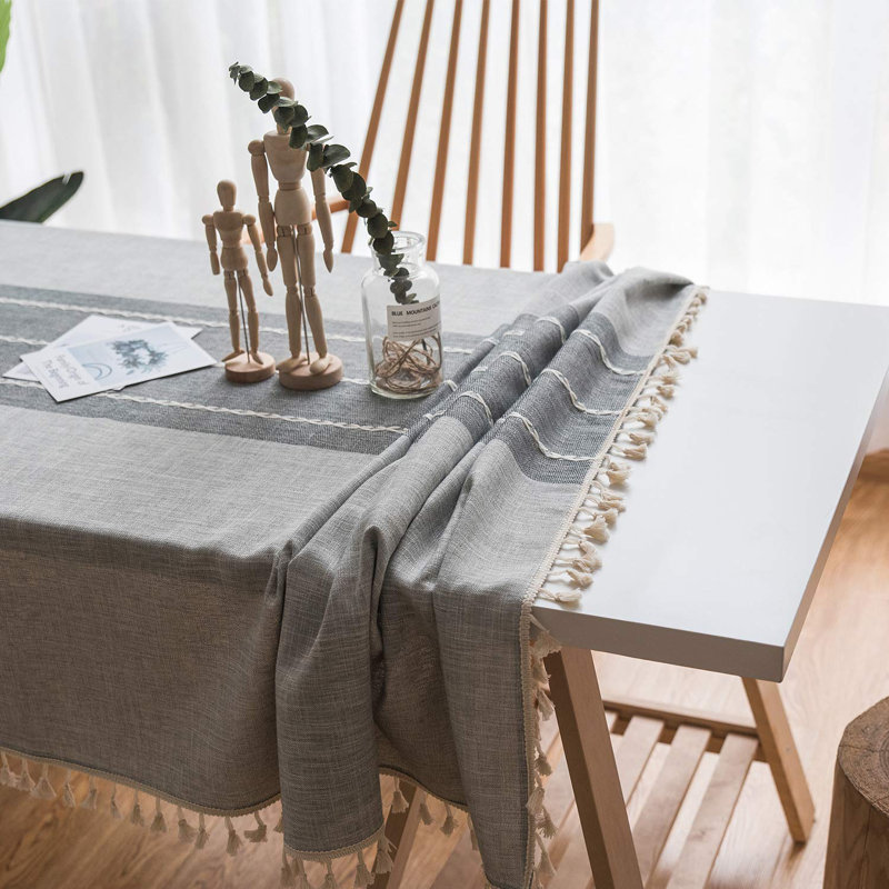 Embroidered Cotton Linen Tablecloth, Washable, Tassel, Wrinkle-Free for Kitchen, Dining, Holidays, Gray
