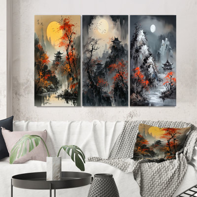 Red Moonset Raven Cry Japon III - 3 Piece Landscape Japon Canvas Wall Decor