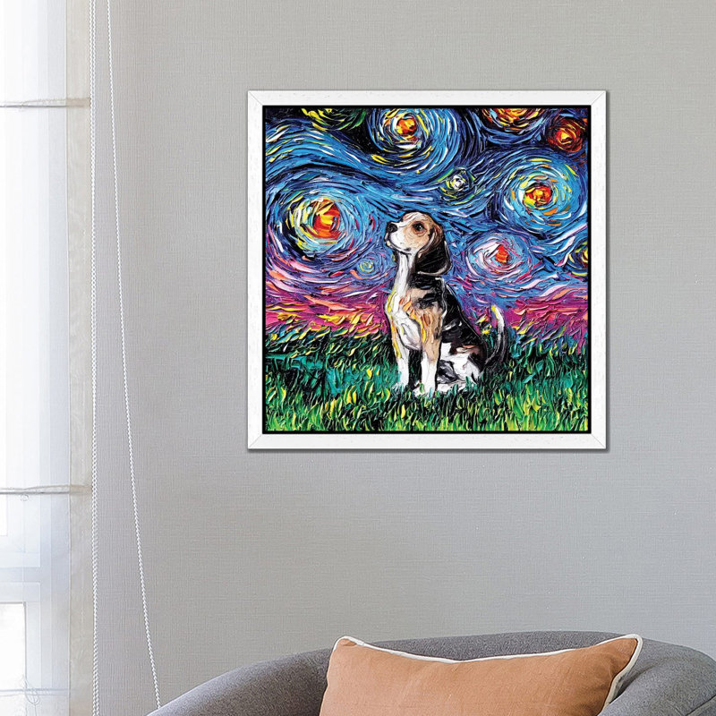 Beagle Night by Aja Trier - Floater Frame Painting on Canvas, 45.72 cm H x 45.72 cm W, White Framed