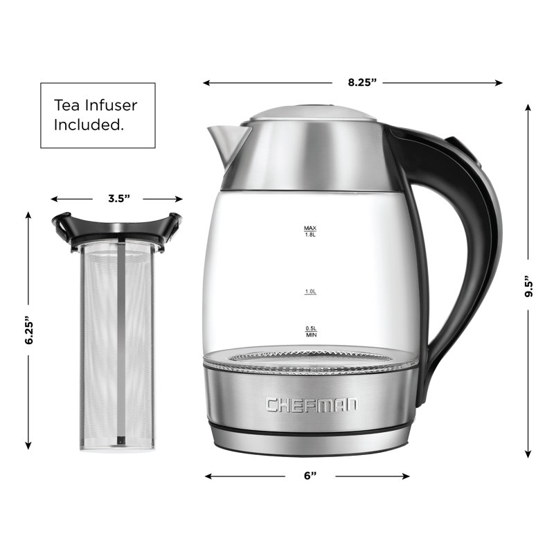 Chefman Fast-Boiling Glass Electric Kettle, 1.7-Liter