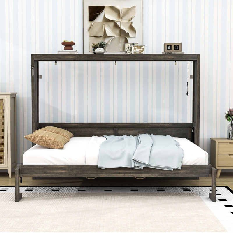 Lit escamotable en bois avec lumière DEL, Lit double, Brun