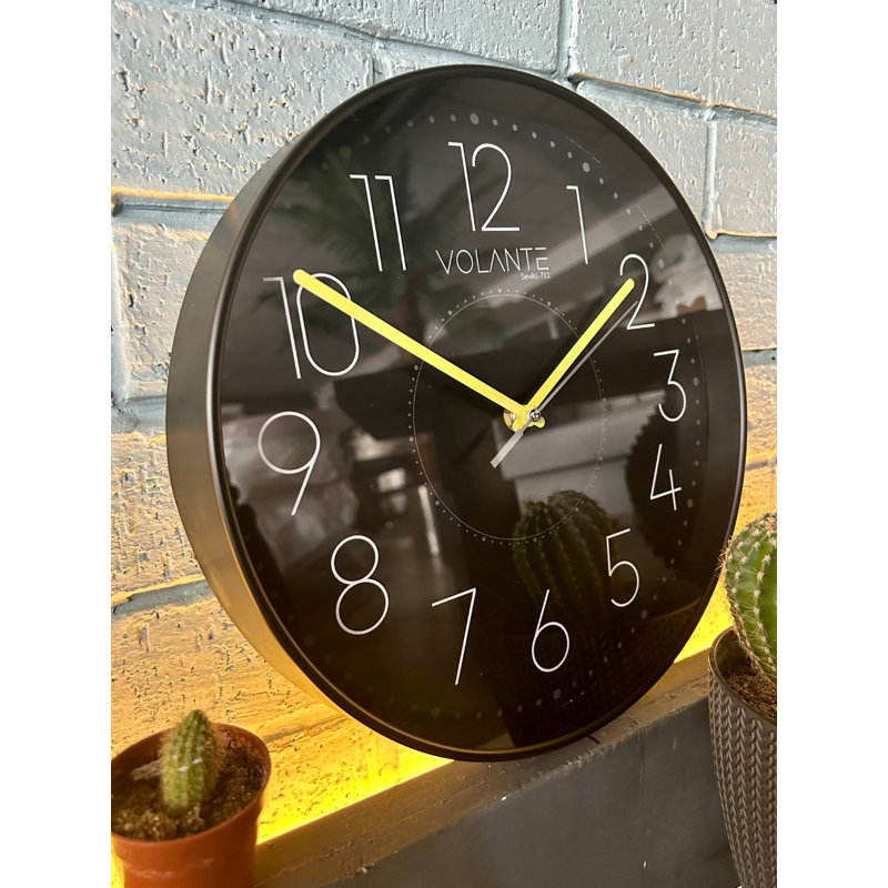 Stylish Decorative Wall Clock, 11.8 Inch Diameter, Black & Yellow | Durable 100% Plastic with Real Glass Cover, 1.8 Inch Thickness | Perfect for Home, Office, or Kitchen Décor, Modern Design & Easy to Read