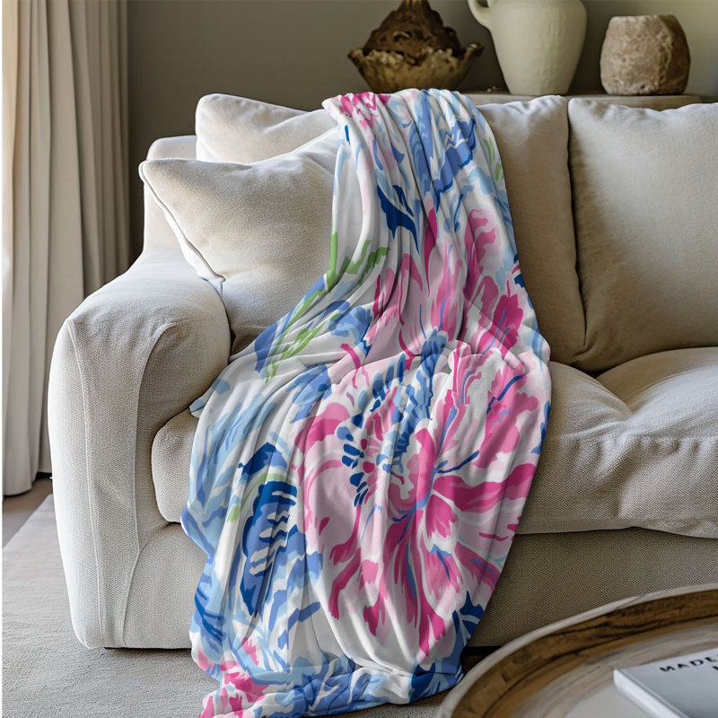 Motif de balise maritime - 1 pièce Sherpa Premium, L 50 po x L 60 po, Art floral rose et bleu élégant