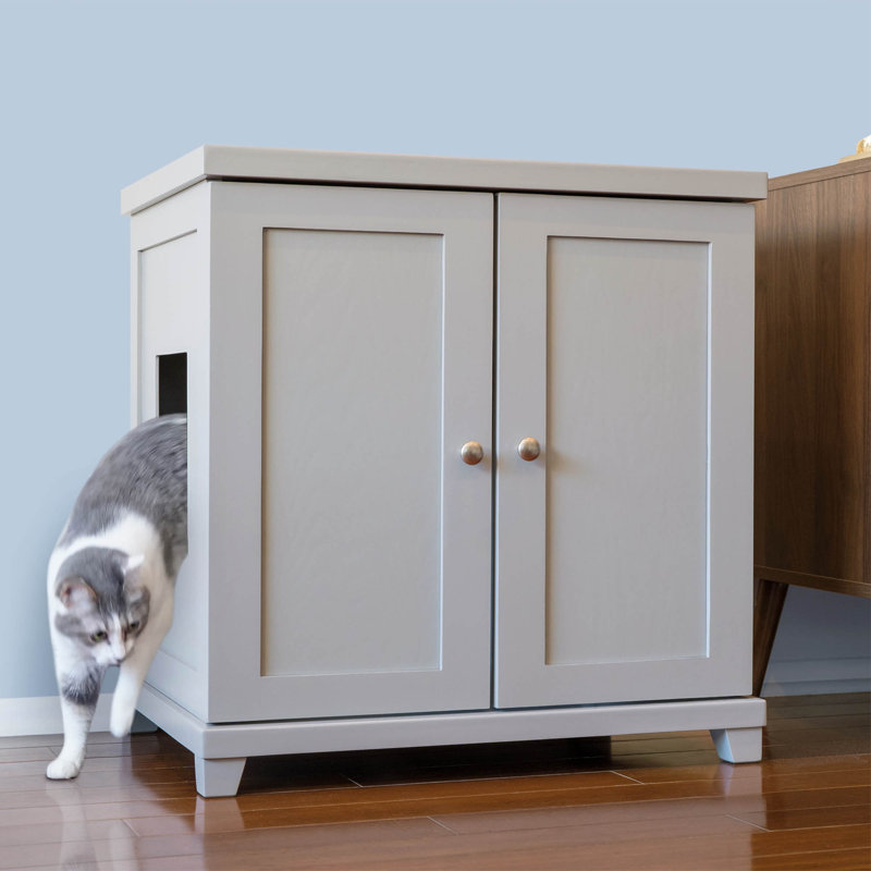 The Refined Litter Box - Wood Cat Litter Box Enclosure Cabinet with Drawer, Modern Style + Feet, Large, Smoke Gray