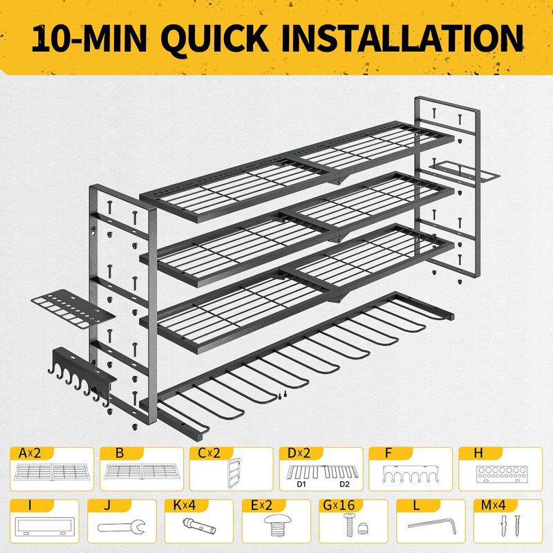 Organisateur d'outils robuste pour montage mural - support à 4 étages et 8 rangées avec rangement pour accessoires