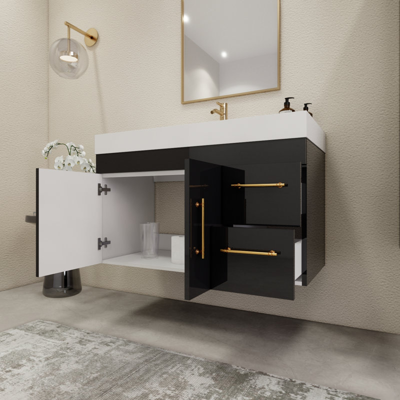 41.9" Wall-Mounted Single Bathroom Vanity Set, Glossy Black