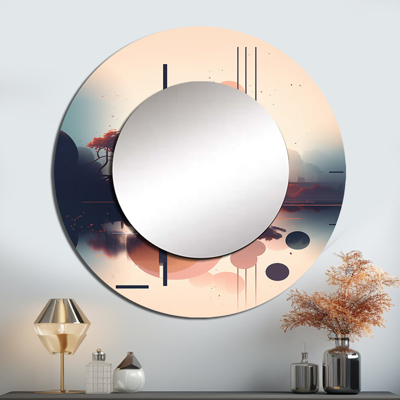 Sophonie Soft Blue And Pinkd Minimal Mid Century Art IV - Minimalism Wall Mirror, Orange Round Decorative Mirror, Printed Metal Art