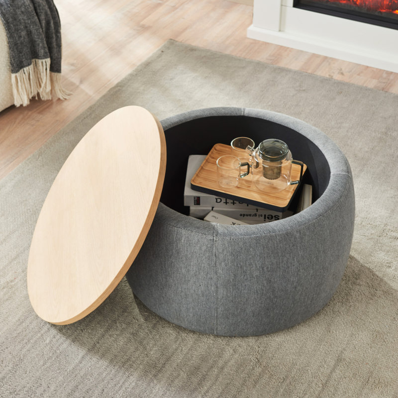 Round Storage Ottoman, 2 In 1 Function, Work As End Table And Ottoman, Dark Gray