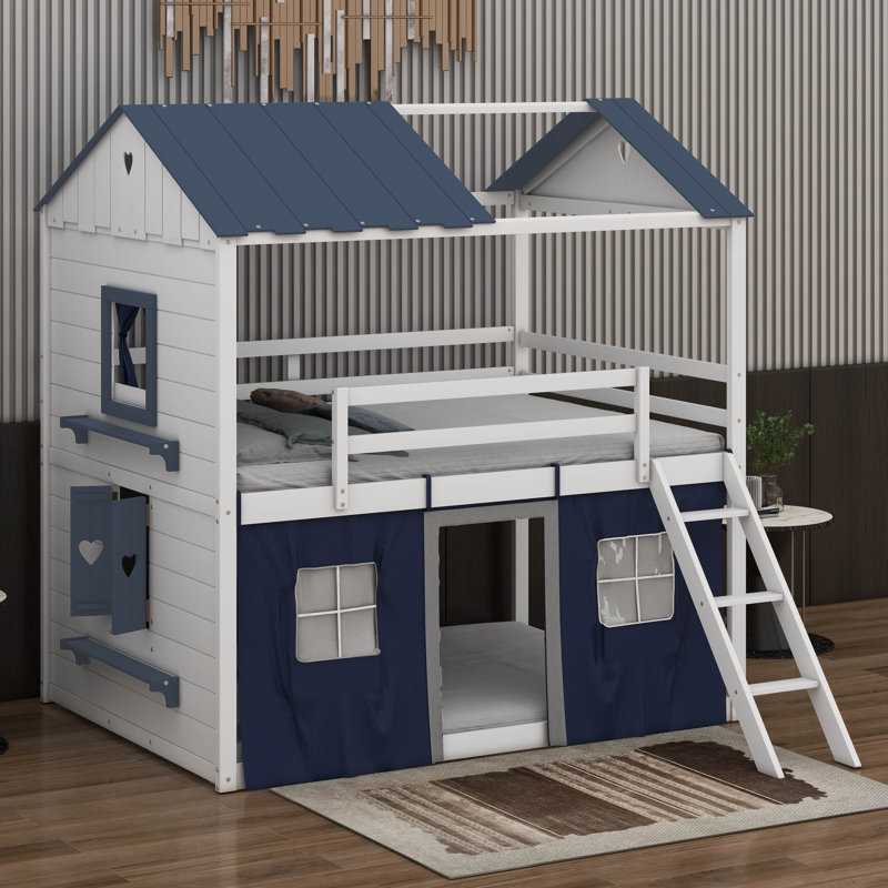 Lit double superposé en bois avec fenêtres, rebords et tente, Bleu / blanc