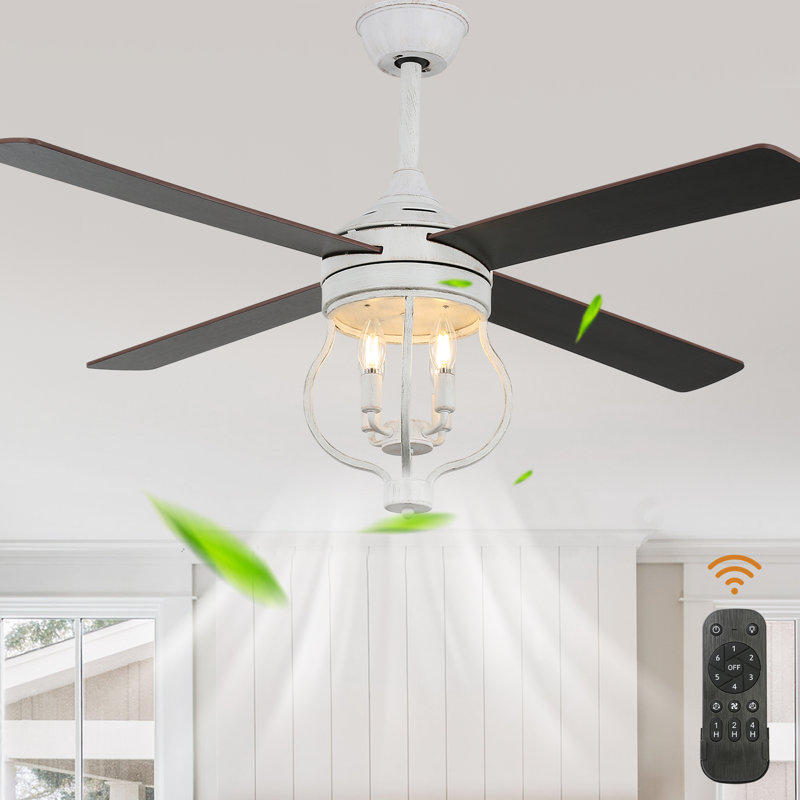 Kahliel 48" Caged Ceiling Fan with Light and Remote, Reversible DC Motor Farmhouse Solid Wood Ceiling Fan, Black, White