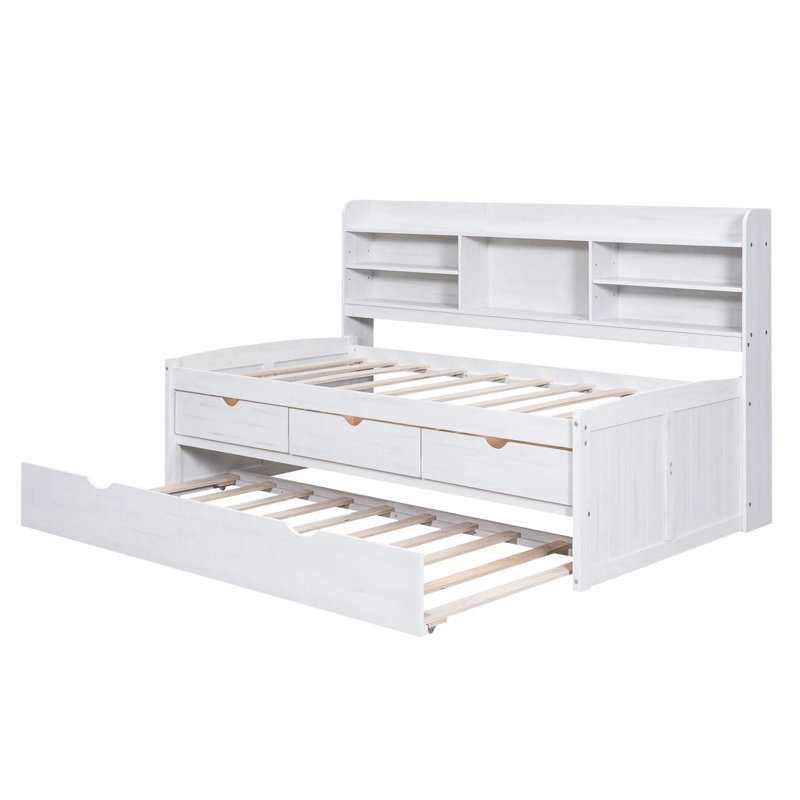 Wooden Captain Daybed Bed with Built-in Bookshelves, Twin, White