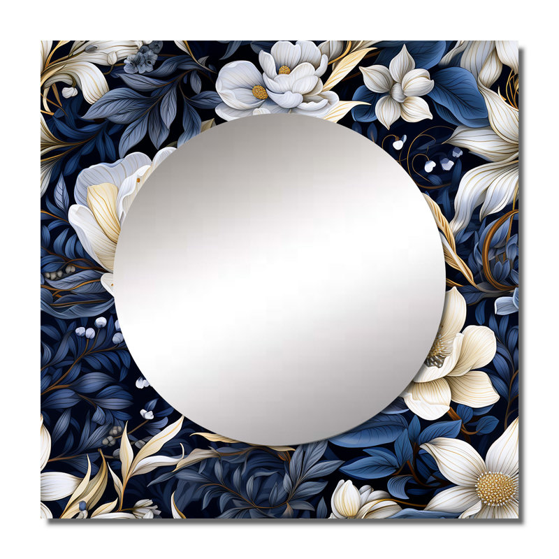 Fleurs indigo foncé au clair de lune - Art mural miroir bohémien et éclectique carré, 23 po x 23 po