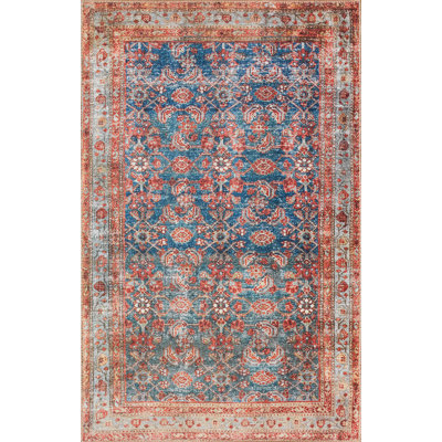Tapis bleu / rouge / gris tissé à la machine Anaelise