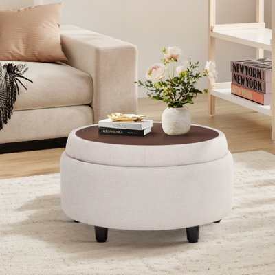 COLAMY Fabric Round Storage Ottoman with Reversible Tray Lid for Tabletop