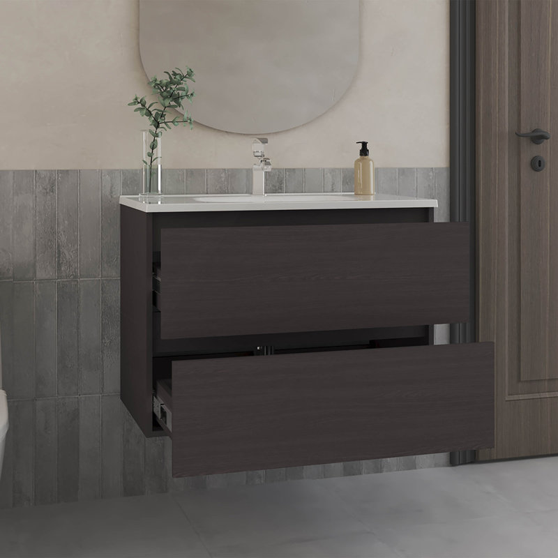 Armoire de salle de bain Opalo, avec deux tablettes et rangement ouvert, noir, Noir
