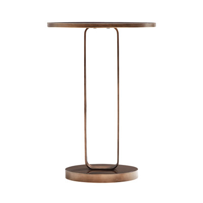 Table d'appoint ronde en bronze antique avec plateau en métal de 15,81 pouces et piédestal unique à base ovale unique, par endroit