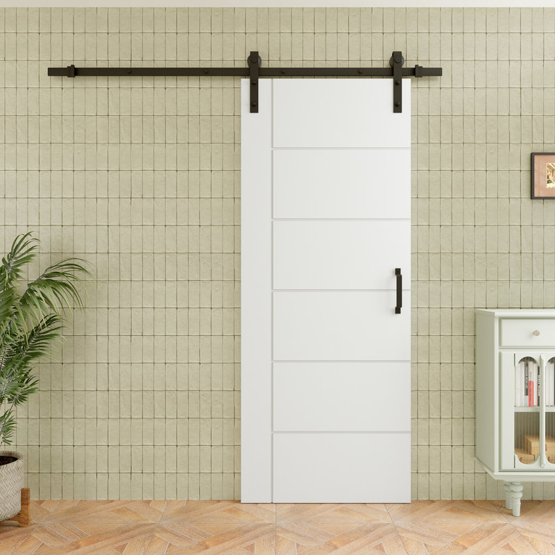 80"H 6Lite Waterproof White Primed Solid Core Composite MDF Wood Sliding Barn Door With Hardware Kit, 32" x 80"