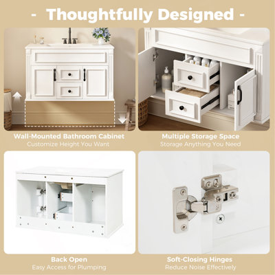 36 inch Wall Mounted Bathroom Cabinet with Ceramic Sink and Drawers, French Simple Style Vanity with Soft Closing Hinges
