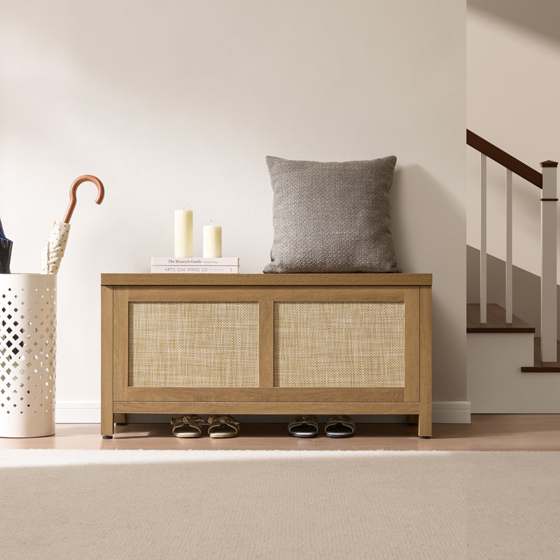 39.4" Bohemian-Inspired Rattan Bench, Multi-Functional With Hidden Storage, Caramel Oak, 1