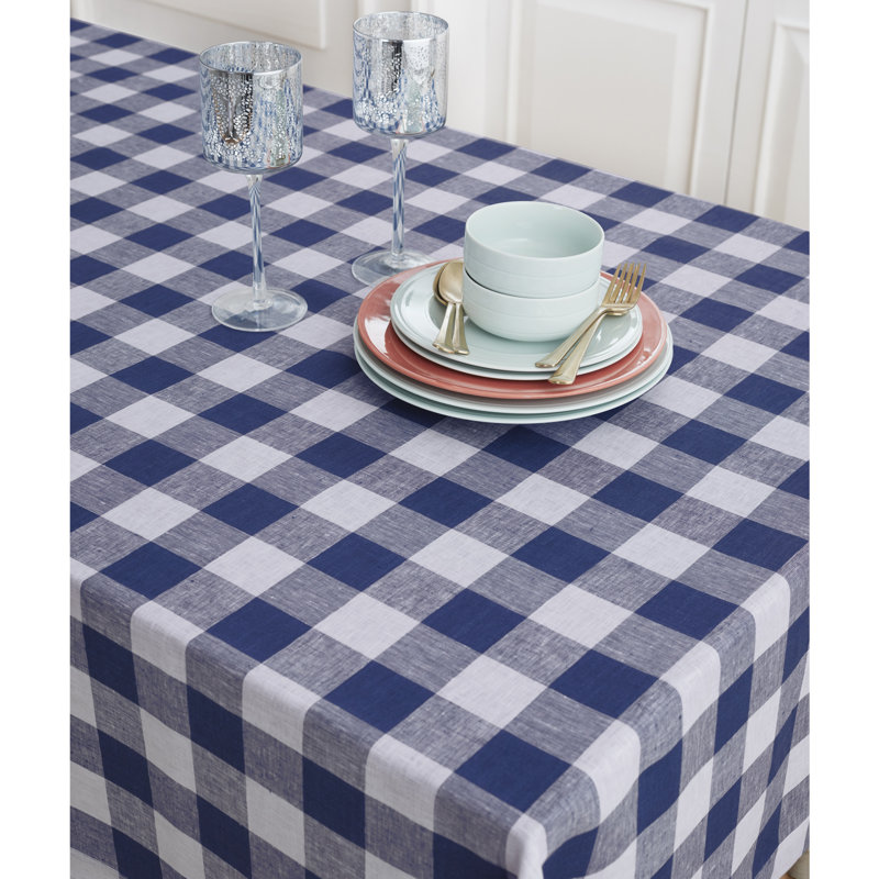 Buffalo Check - 100% Pure Linen Tablecloth, Navy/White, 90" x 60"