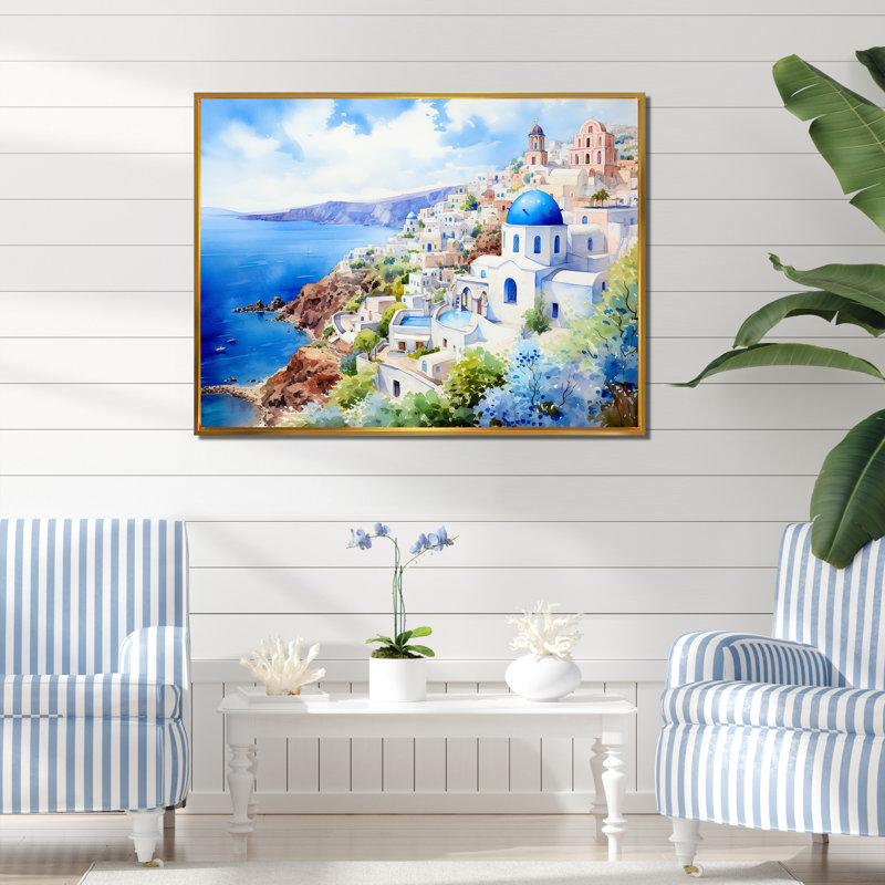 Santorini, Grèce, village côtier, sérénité I - Grèce, art mural, Cadre flottant doré, H 12 po x l 20 po x P 1 po