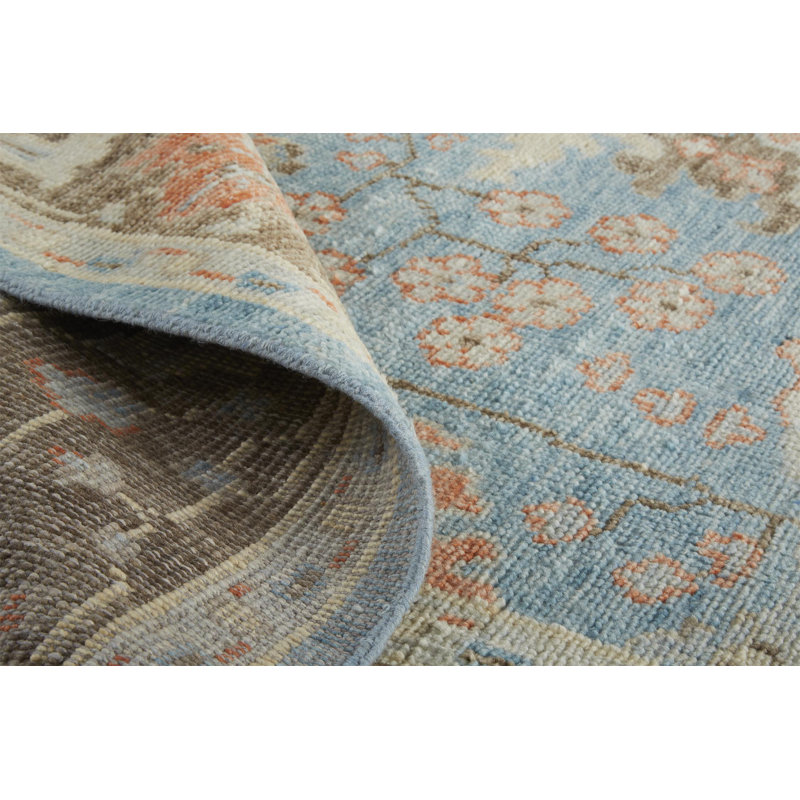Friderike Floral Hand Knotted Wool Cool Blue/Brown Area Rug, Rectangle 2' x 3'