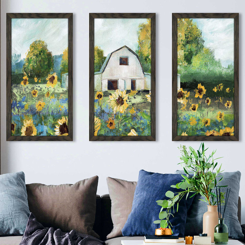 «Sunflower Barn» par Nan - peinture sur cadre 3 pièces, L 52,5 po x H 33,5 po x P 1 po