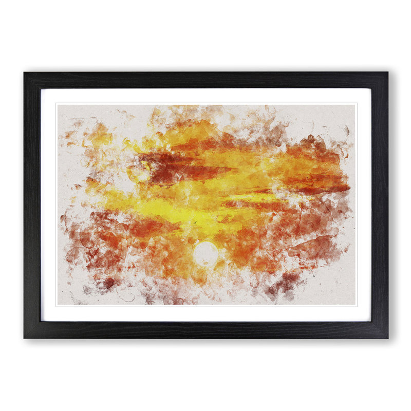 Striking Orange Sunset Watercolour - Picture Frame Graphic Art Print, 62cm H x 87cm W x 2cm D, Black Framed