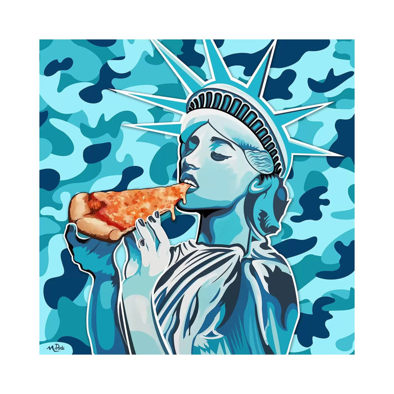 Liberty pizza-imprimé carré bleu, H 18 po x l 18 po x 1,5 po, Toile tendue, Pas de tapis