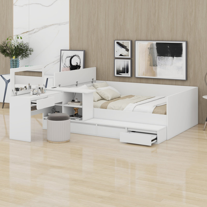 Lit plateforme en bois avec tiroirs, tablettes et coiffeuse, Blanc