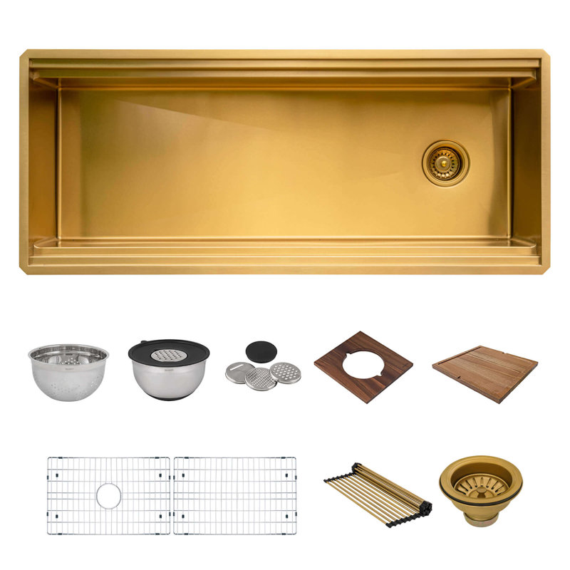 Ruvati 45-inch Stainless Steel Workstation Two-Tiered Ledge Undermount Kitchen Sink, Matte Gold Satin Brass