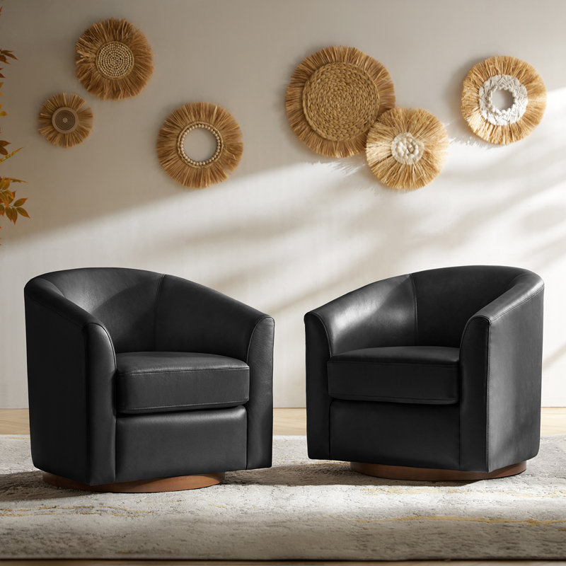 Fauteuil demi-tonneau pivotant en cuir véritable de 30,5 po de largeur avec base en bois massif Amiir, Noir