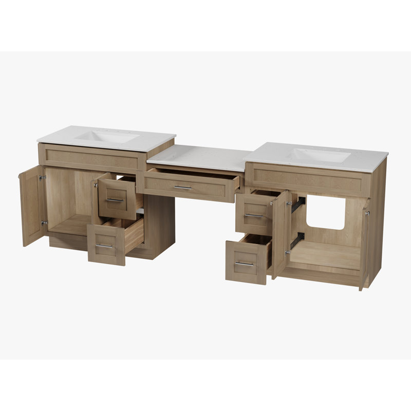 103'' Double Bathroom Vanity with Quartz Top, Natural Oak