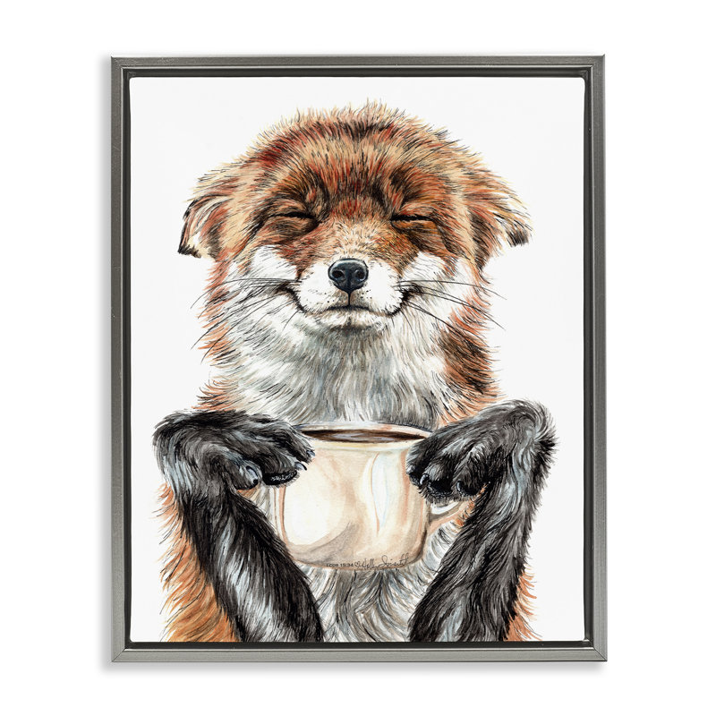Happy Fox avec café, H 17 po x l 21 po, Cadre flottant gris lustré