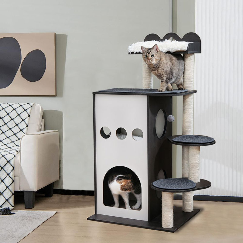 Tour pour chat moderne de 47 po avec condo à 2 étages, poteaux à griffer en sisal pour chat, boules suspendues, Noir