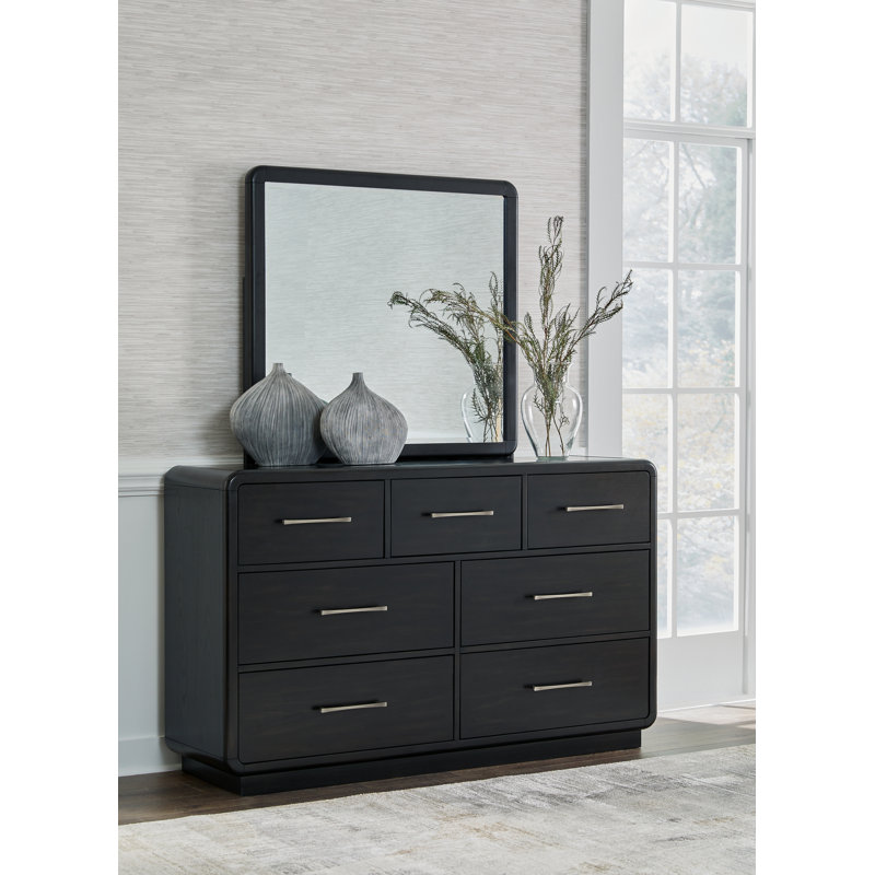Lit à panneaux tapissier, commode et miroir Rowanbeck