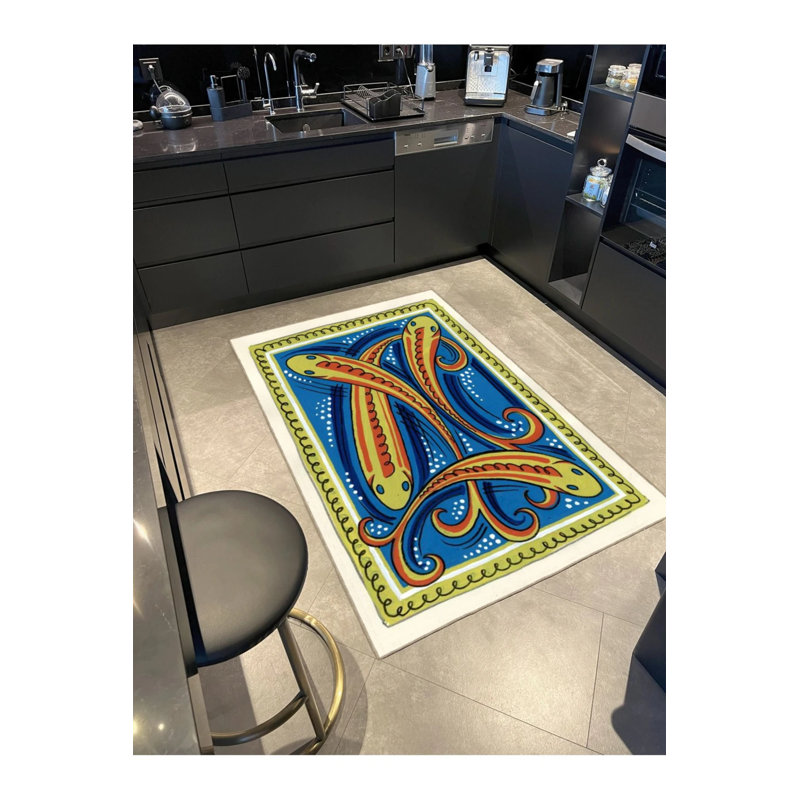 Tapis tissé à motif de poisson à thème, Rond 5 pi