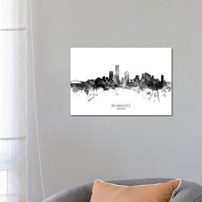 Milwaukee Wisconsin Skyline Name Bw by Michael Tompsett - 1 Piece Wrapped Canvas Wall Art
