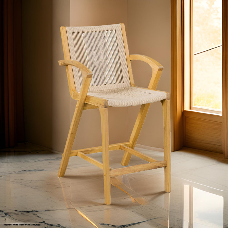 Litwin Upholstered Counter Stool with Solid Wood Frame, Beige, Beige