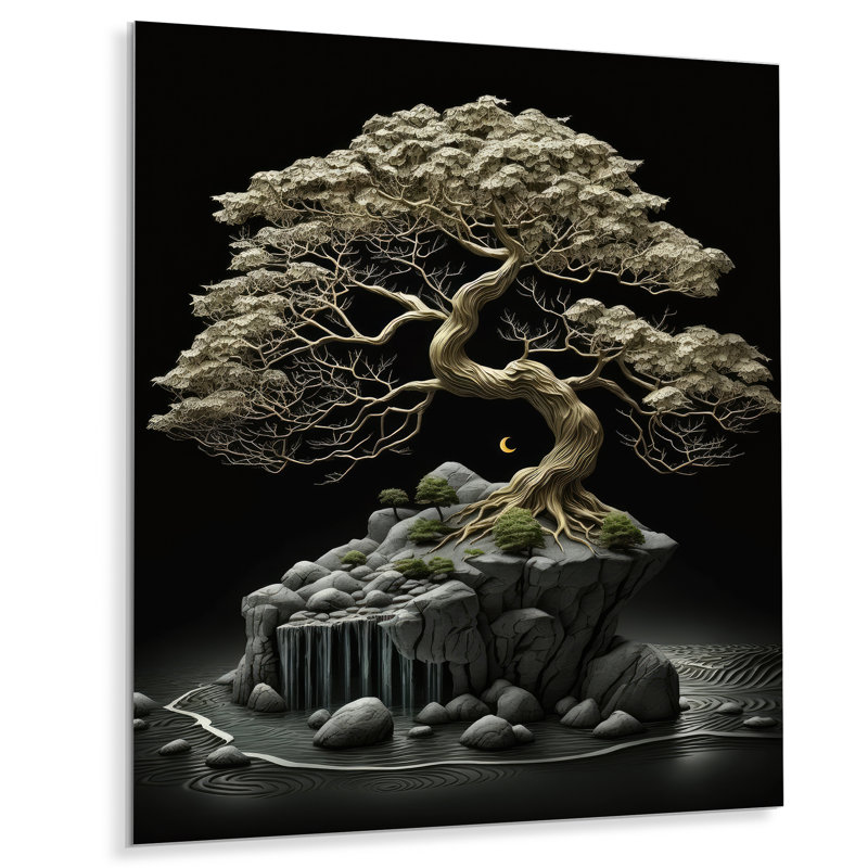 Bonsai Tree On Rocks I - Décoration murale moderne en métal, H 20 po x l 12 po x P 1 po