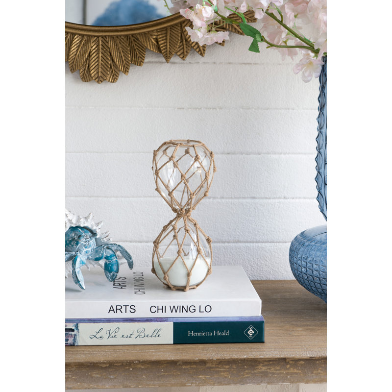 3.5X3.5X8" Clear 30-Minute Hourglass With White Sand And Tan Cotton Netting, 8”H x 3.5"W x 3.5”D