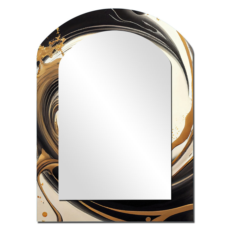 Black And Gold Swirl V - Abstract Spirals Arch Mirror, Black Asymmetrical Unique Wall Mirror, Printed Metal Art, 34" x 25"