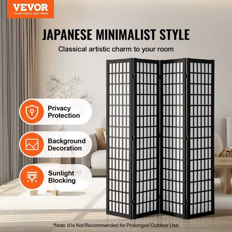 Room Divider, Japanese Room Divider, Wood Folding Privacy Screen Indoor, Japanese Partition Dividers, 4, Noir / blanc