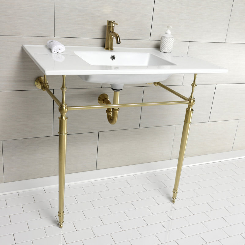 Kingston Brass Edwardian 37-Inch Ceramic Console Sink with Brass Legs, Single, White/Brushed Brass