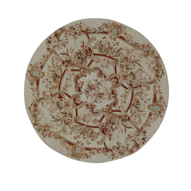 Hand-Knotted High-Quality Ivory and Red Round Area Rug