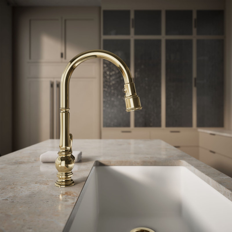 Artifacts Pull Down Single Handle Kitchen Faucet, Vibrant French Gold
